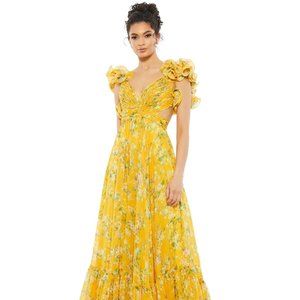 YELLOW RUFFLE TIERED FLORAL CUT-OUT CHIFFON GOWN - Like New